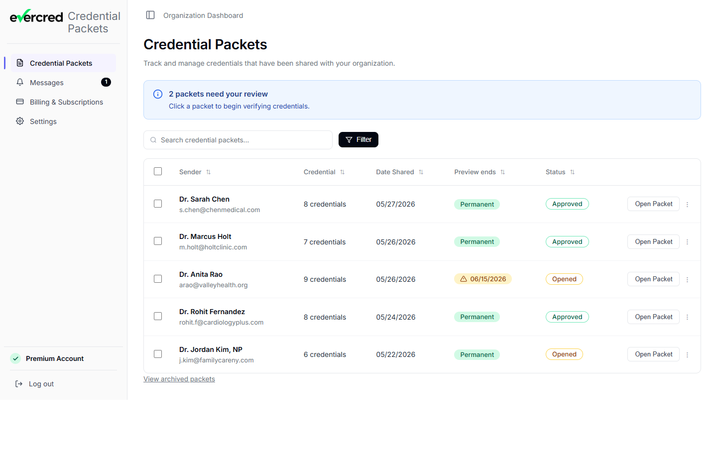 Evercred organization verification queue: 7 incoming credential packets with progress bars, status pills, and review actions.