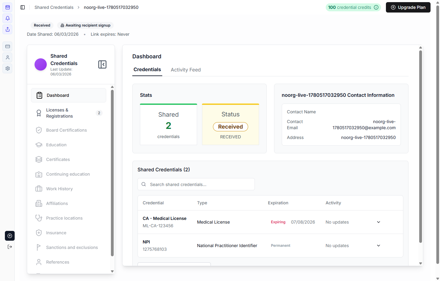 Evercred shared-packet detail from the practitioner's view: who the credentials were shared with, what's in the share, share status, and the per-credential expiration list.