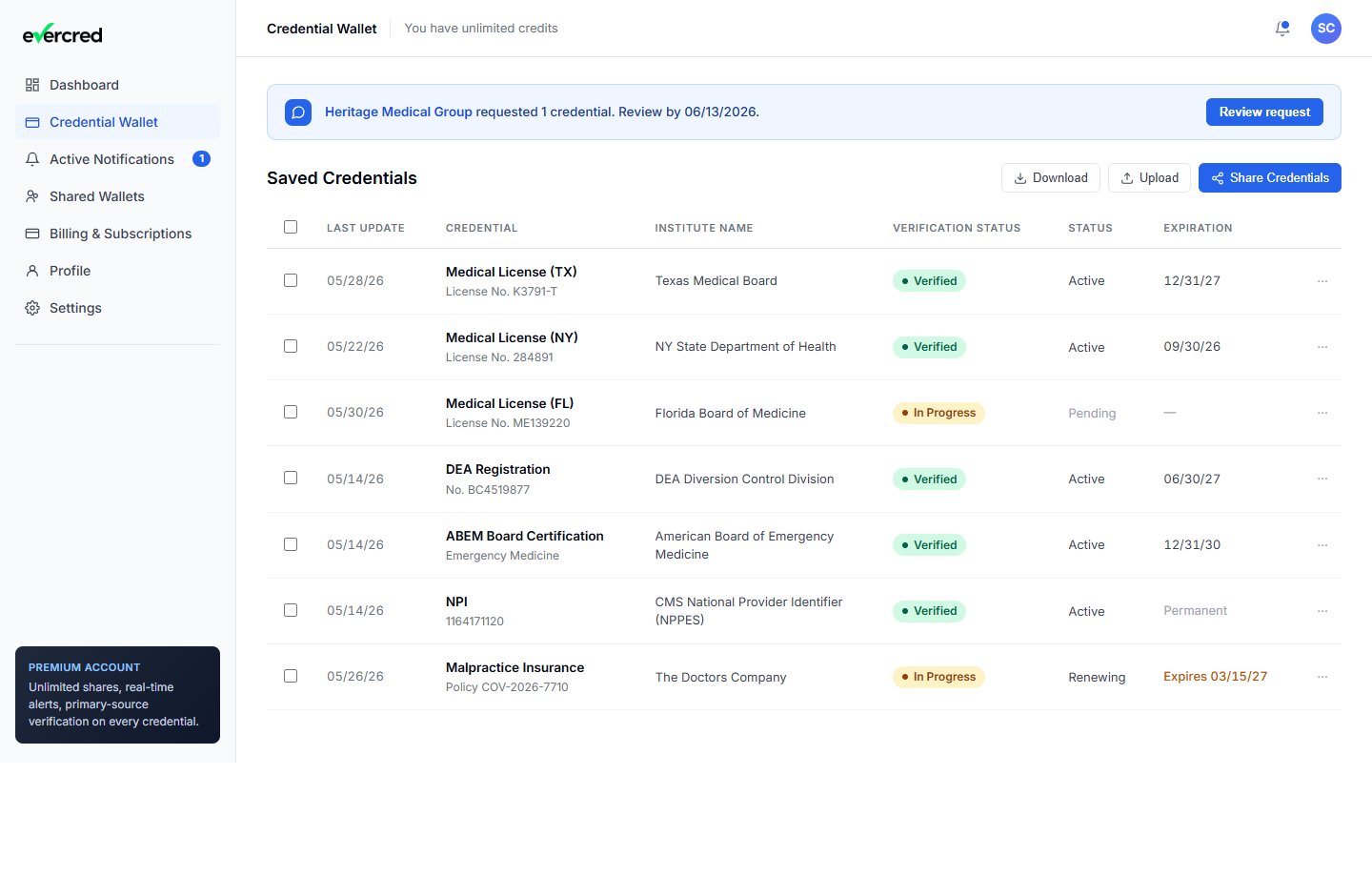 Evercred practitioner wallet view: 7 credentials with verification status pills, last-update timestamps, and expiration dates.